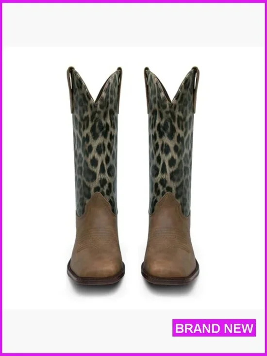 Leopard Print Western Boots Mid Calf Square Toe Chunky Heel Pull On - Picture 4 of 7
